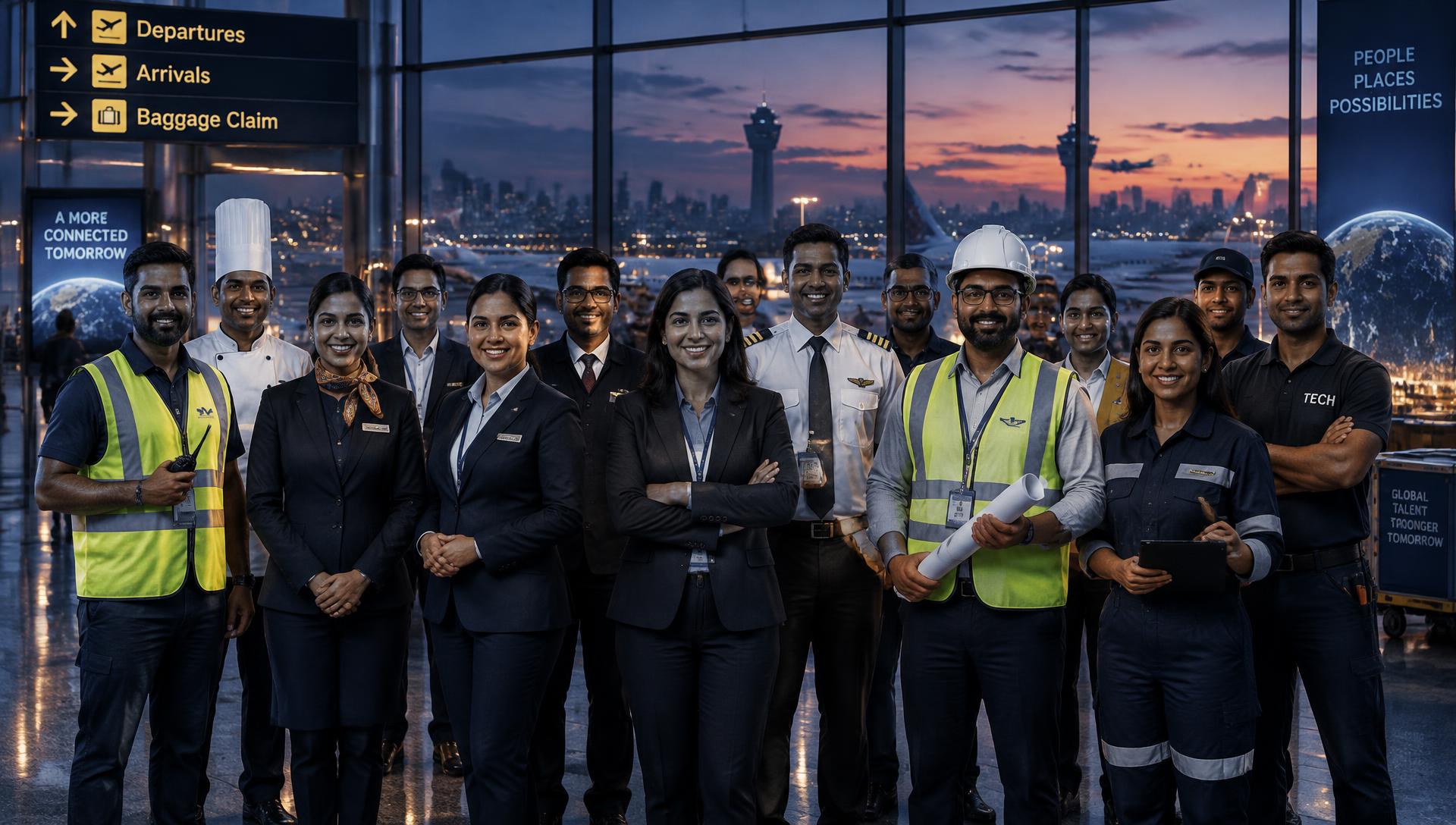 A diverse group of South Asian logistics, hospitality and technical professionals standing together in an airport terminal at dusk