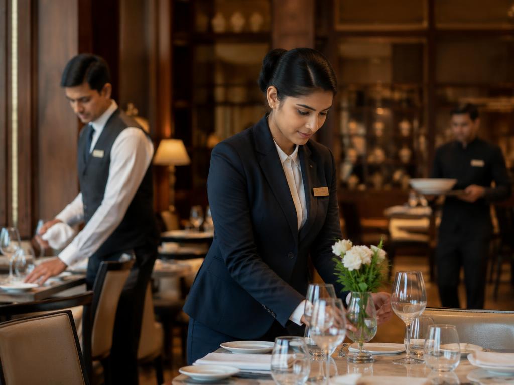 Hotel staff in uniform setting tables in a restaurant