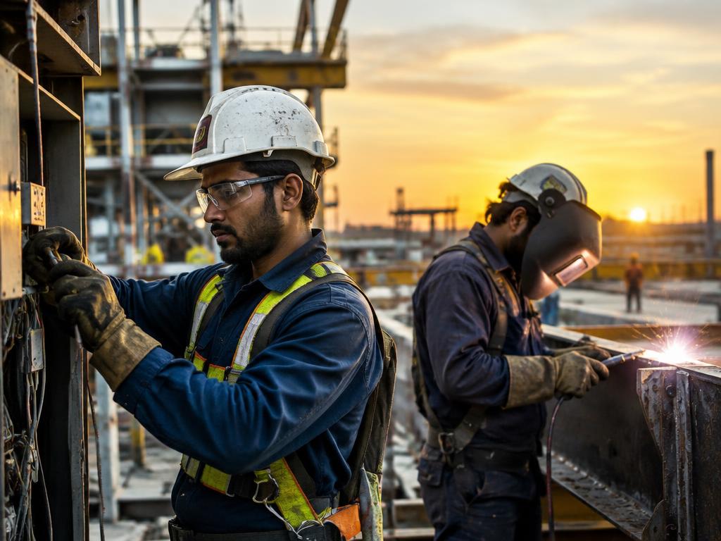 Electrician and welder working on an industrial site at sunset